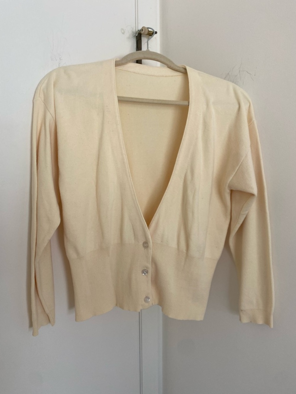 VTG Butter Yellow Deep V-Neck Button Front Cardigan ILGWU Union-made Cottagecore